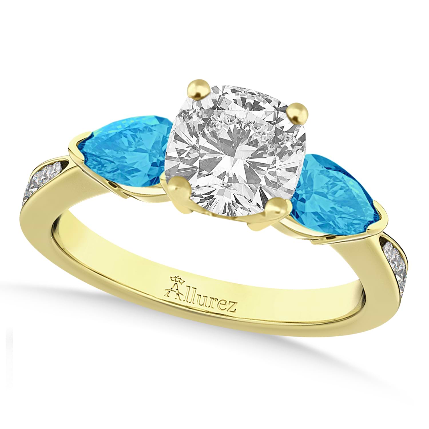 Cushion Diamond & Pear Blue Topaz Engagement Ring 18k Yellow Gold (1.29ct)
