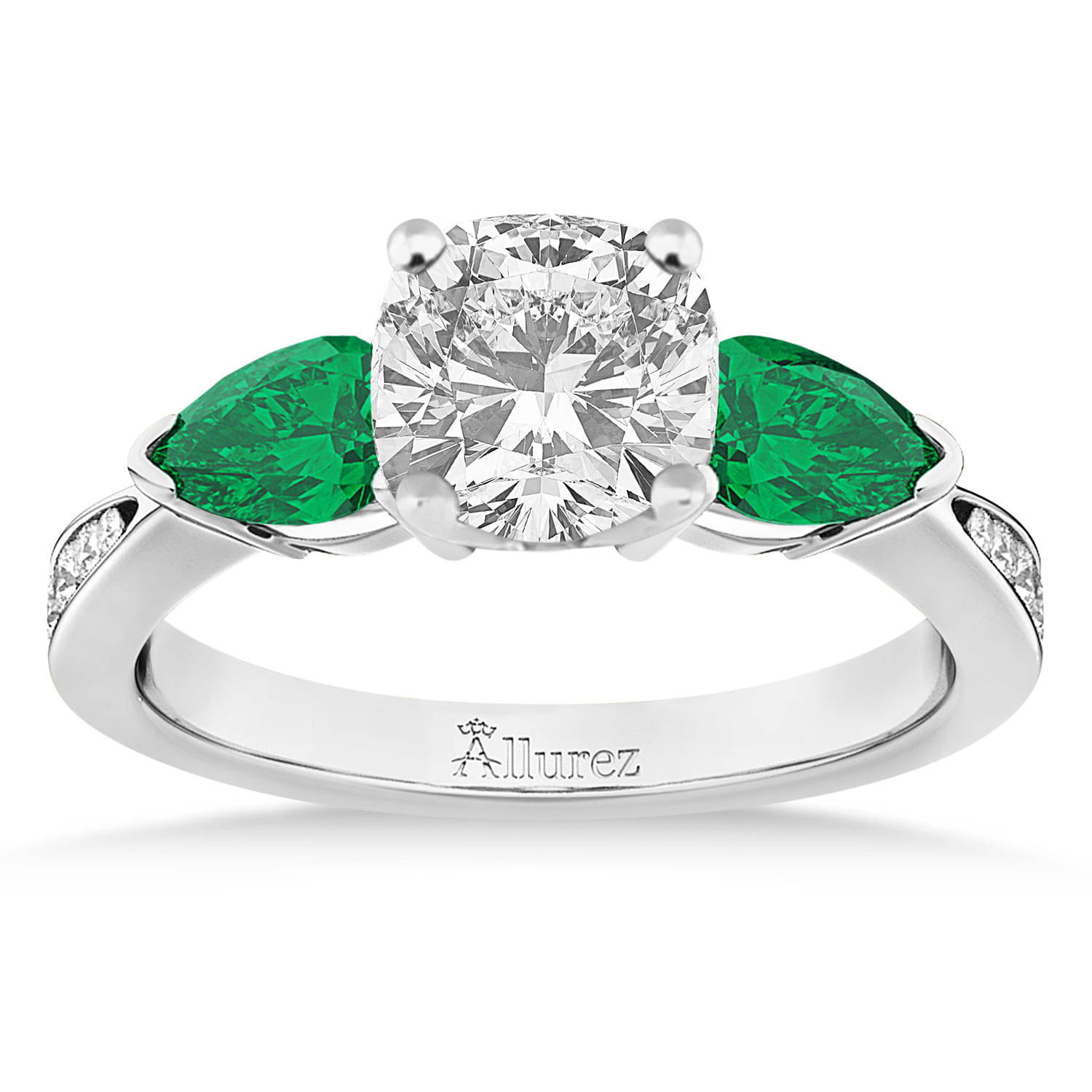 Cushion Diamond & Pear Green Emerald Engagement Ring 14k White Gold (1.29ct)