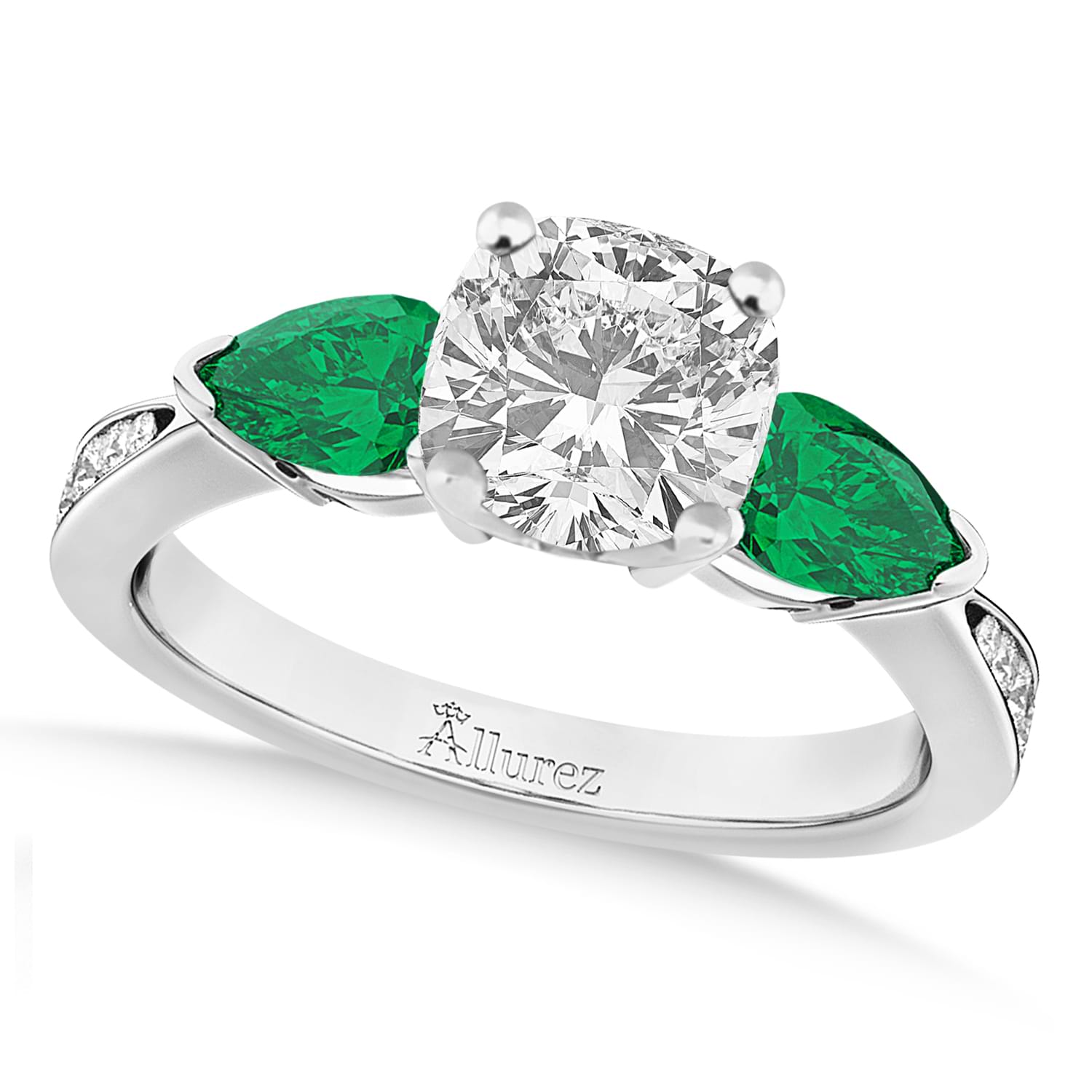 Cushion Diamond & Pear Green Emerald Engagement Ring 18k White Gold (1.29ct)