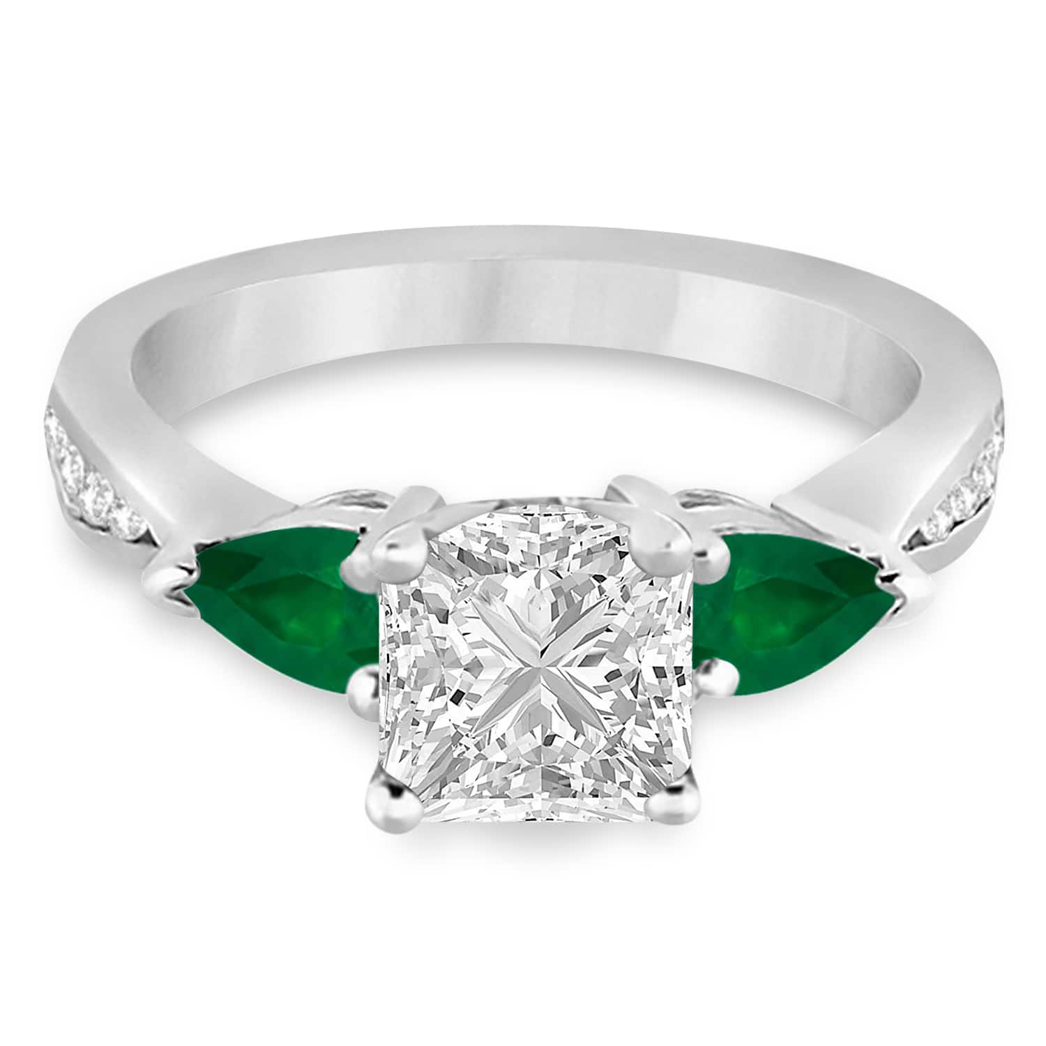 Princess Diamond & Pear Green Emerald Engagement Ring 18k White Gold (1.29ct)
