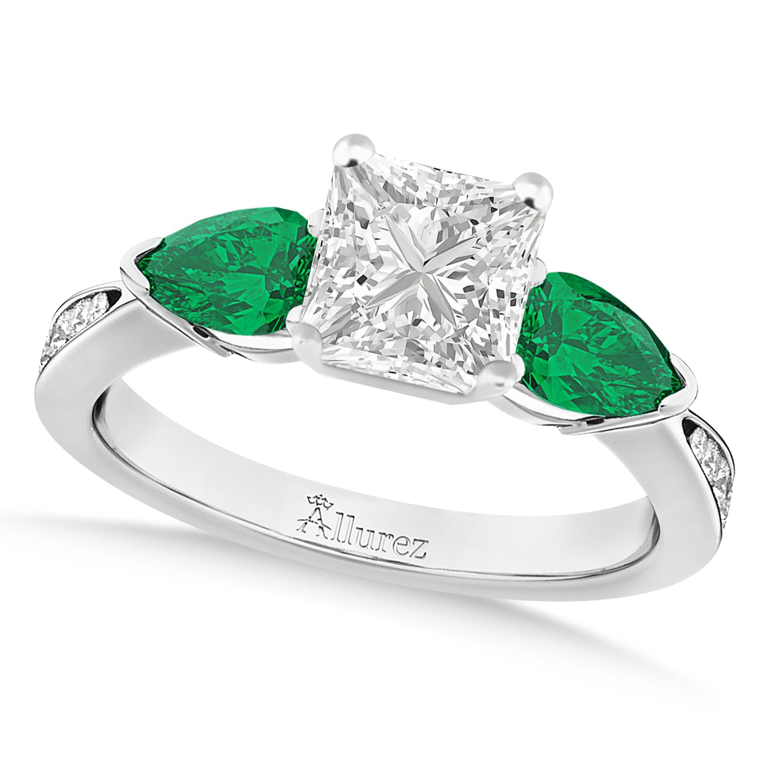 Princess Diamond & Pear Green Emerald Engagement Ring in Platinum (1.29ct)
