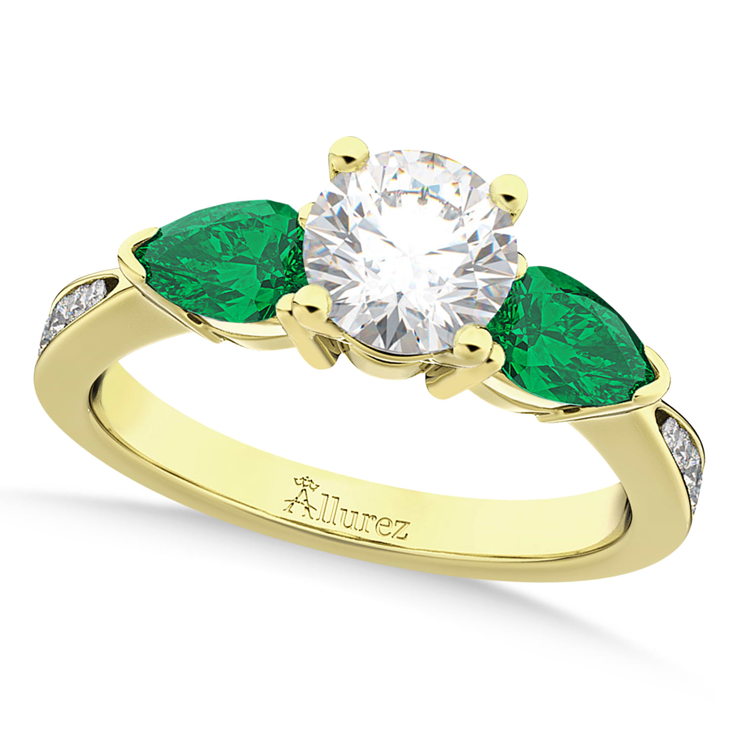 Round Diamond & Pear Green Emerald Engagement Ring 14k Yellow Gold (1.79ct)
