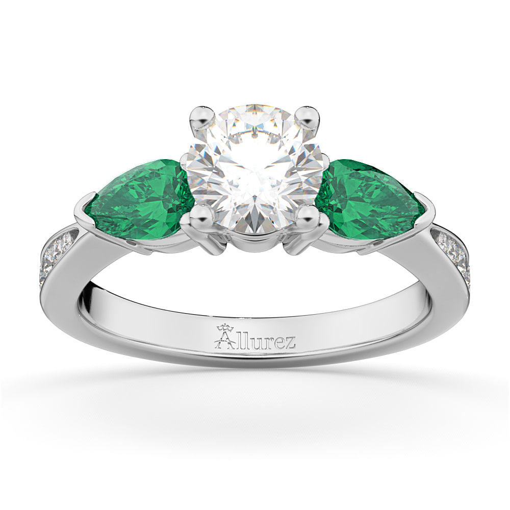 Round Diamond & Pear Green Emerald Engagement Ring in Palladium (1.79ct)