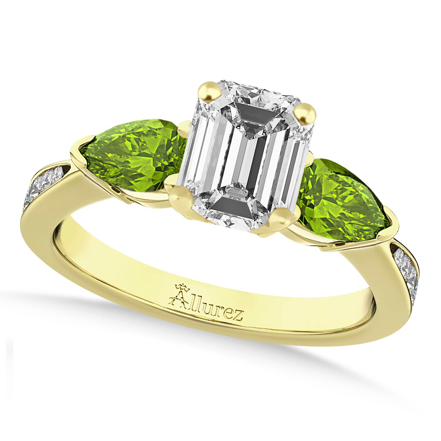 Emerald Diamond & Pear Peridot Engagement Ring 18k Yellow Gold (1.29ct)