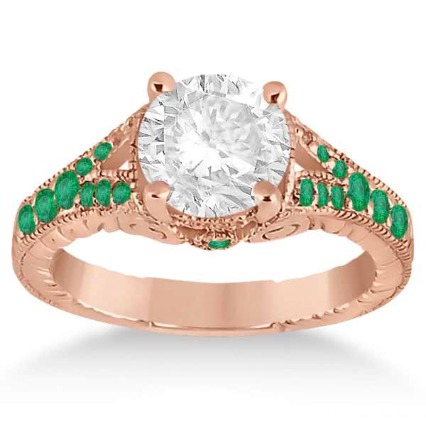 Antique Style Art Deco Emerald Engagement Ring 14k Rose Gold (0.33ct)