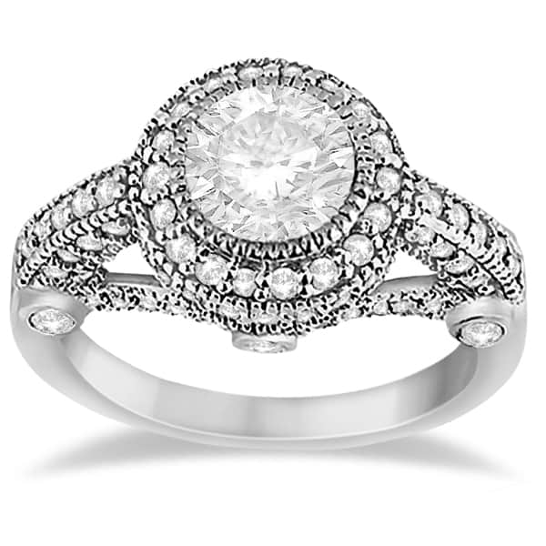 Vintage Diamond Halo Art Deco Engagement Ring 14k White Gold (0.97ct)