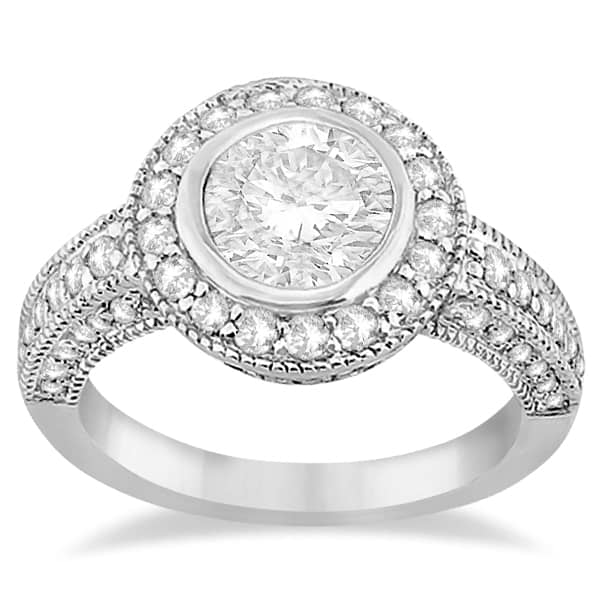 Halo Diamond Art Deco Engagement Ring Setting 14k White Gold (0.79ct)