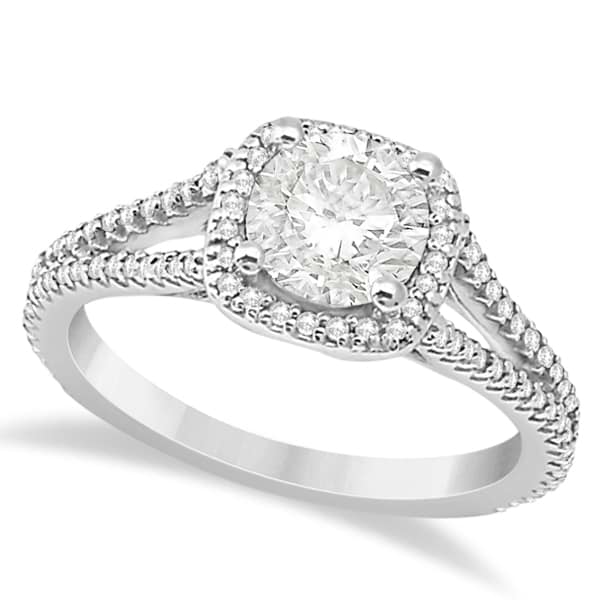 Square Halo Diamond Engagement Ring Split Shank 18K White Gold 1.25ctw