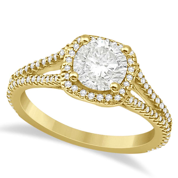 Square Halo Diamond Engagement Ring Split Shank 18K Yellow Gold 1.25ct