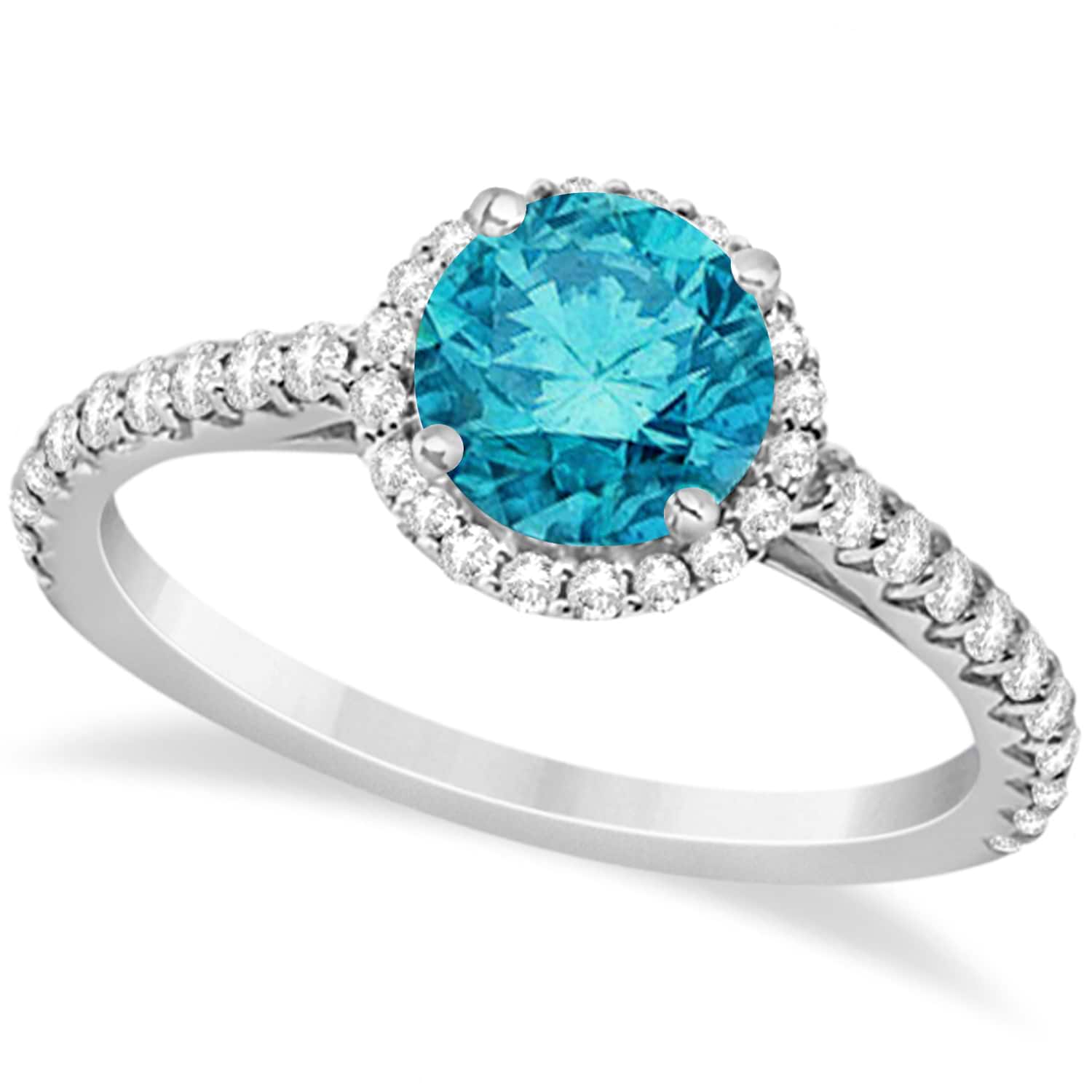 Halo Blue Diamond & Diamond Engagement Ring  14K White Gold 1.50ct