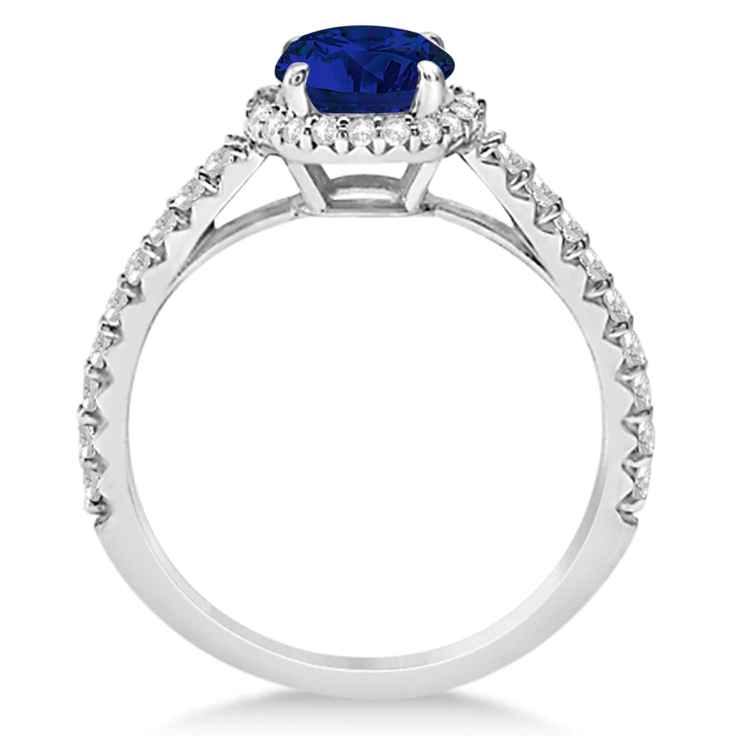 Halo Blue Sapphire & Diamond Engagement Ring  14K White Gold 1.91ct