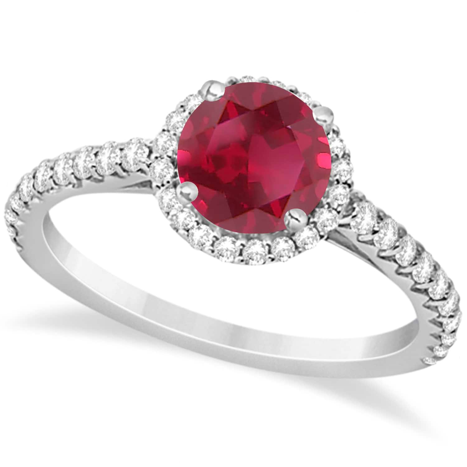 Halo Ruby & Diamond Engagement Ring  14K White Gold 1.91ct