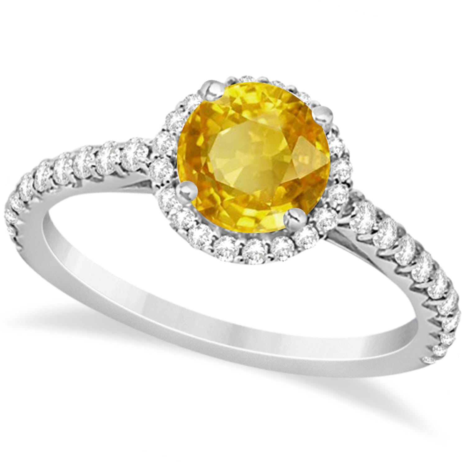 Halo Yellow Sapphire & Diamond Engagement Ring  14K White Gold 1.91ct