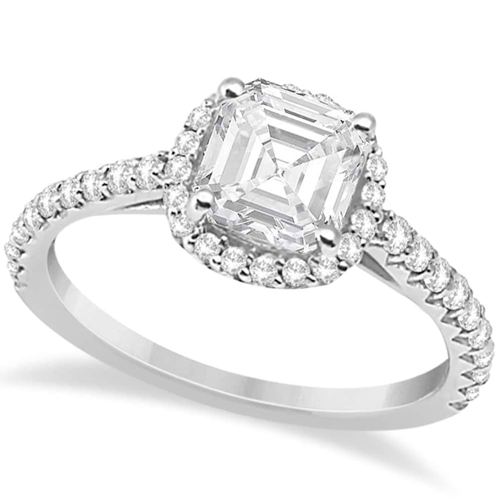 Halo Design Asscher Cut Diamond Engagement Ring 14k White Gold (0.88ct)