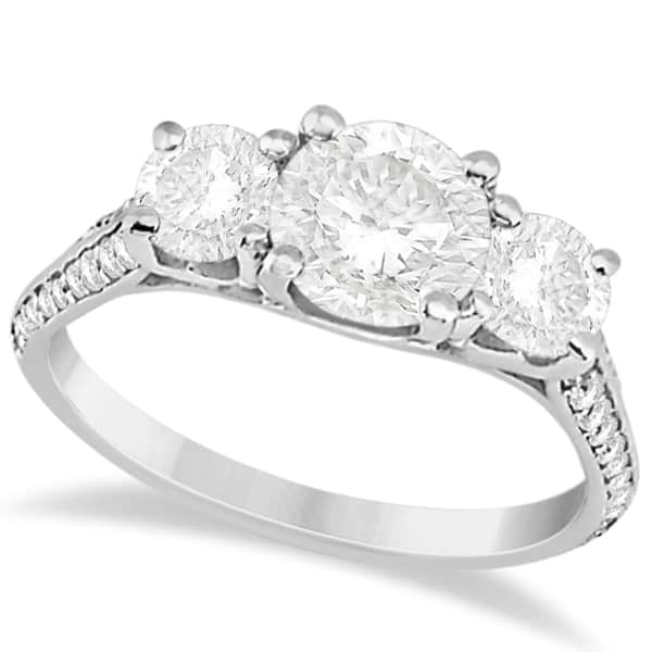 3 Stone Diamond Engagement Ring with Side Stones 14K White Gold 2.00ct