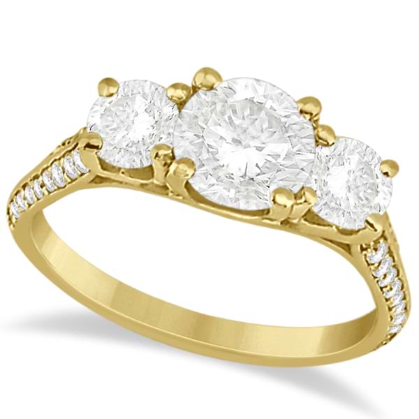 3 Stone Diamond Engagement Ring w/ Side Stones 18K Yellow Gold 2.00ct