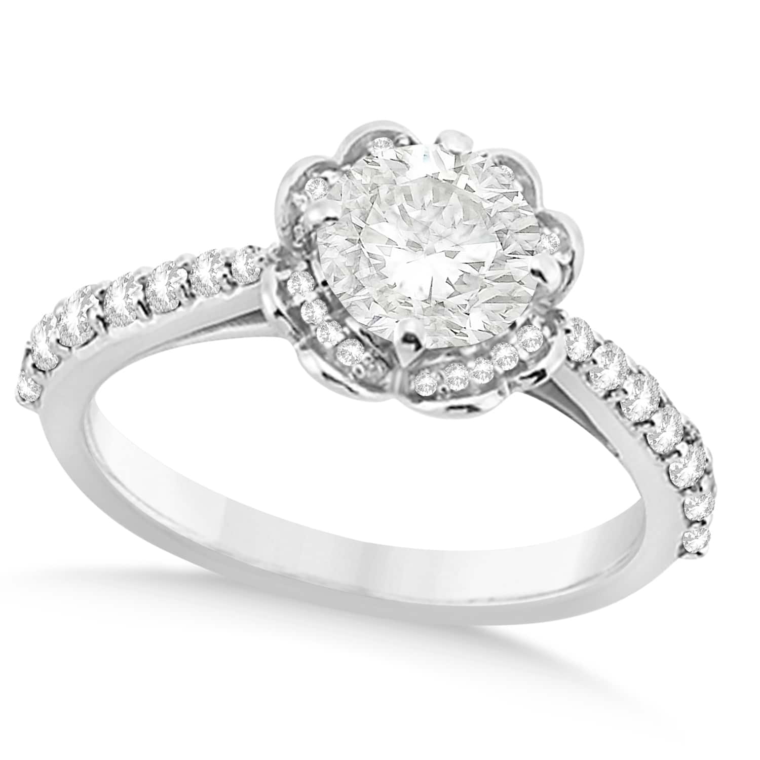 Round Floral Halo Diamond Engagement Ring 18k White Gold 1.38ct