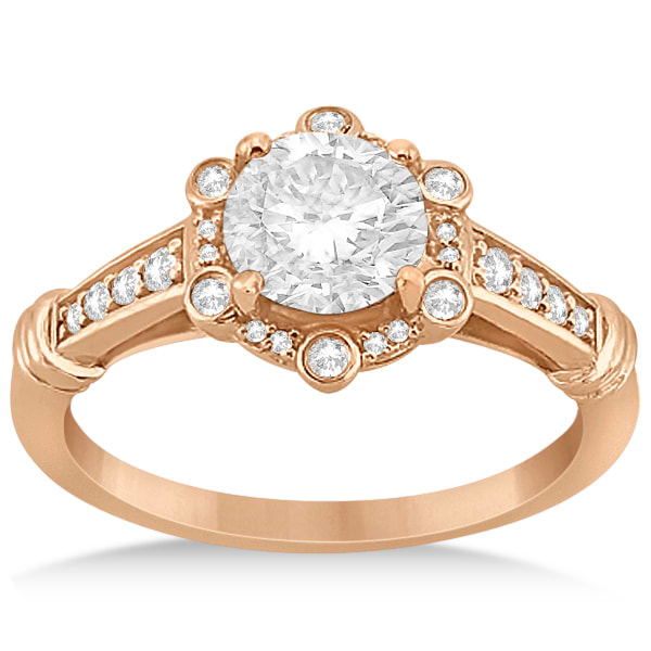 Floral Halo Diamond Engagement Ring w/ Accents 14K Pink Gold 0.17ct