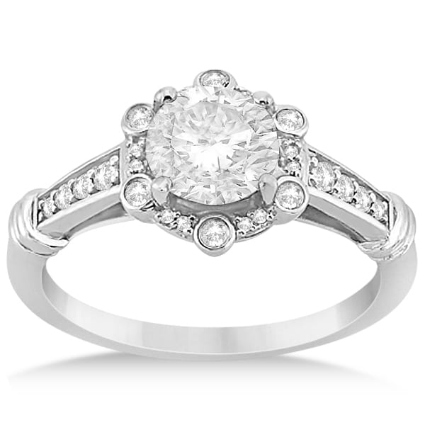 Floral Halo Diamond Engagement Ring w/ Accents 14K White Gold 0.17ct