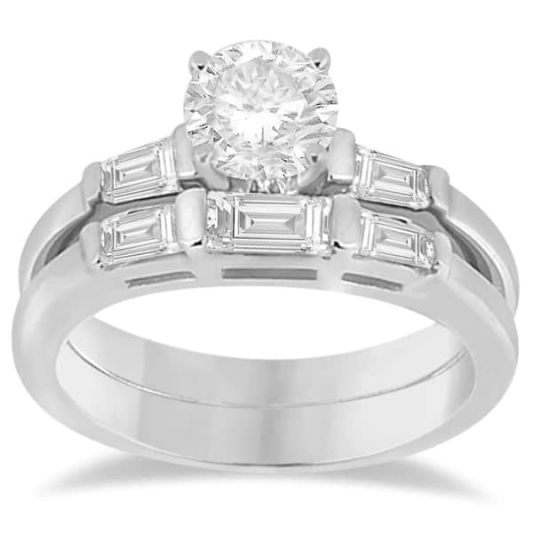 Diamond Baguette Engagement Ring & Wedding Band Set 18K White Gold (0.60ct)