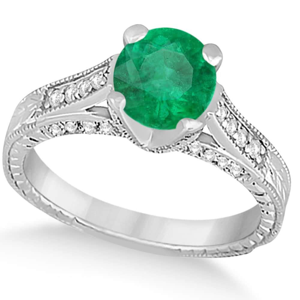 Diamond & Emerald Antique Engagement Ring 14k White Gold (1.40ct)