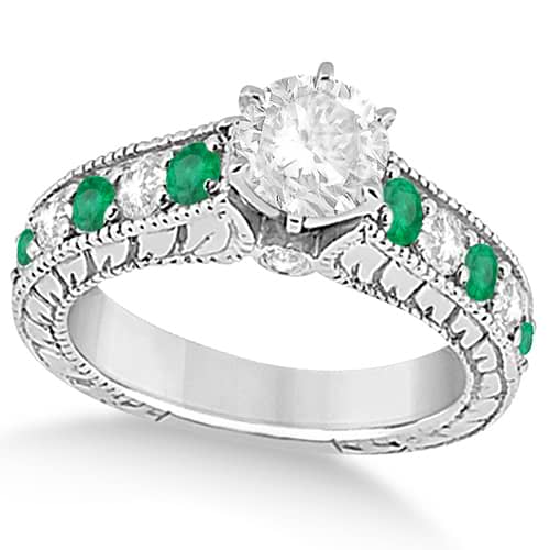 Vintage Diamond and Emerald Engagement Ring 14k White Gold (2.23ct)