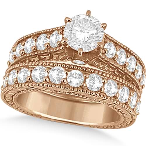 Antique Diamond Wedding & Engagement Ring Set 18k Rose Gold (3.15ct)