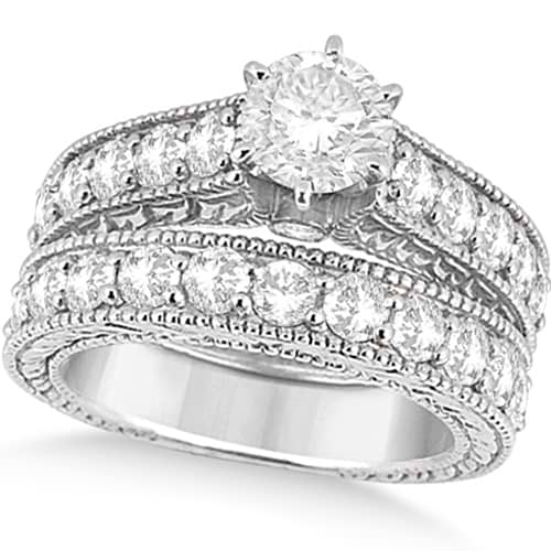 Antique Diamond Wedding & Engagement Ring Set Platinum (3.15ct)