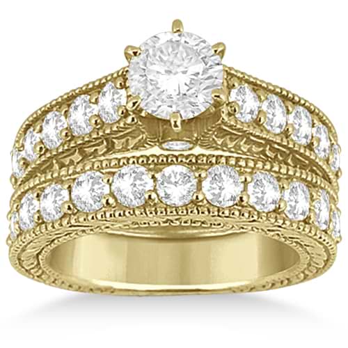 Antique Diamond Wedding & Engagement Ring Set 18k Yellow Gold (2.15ct)