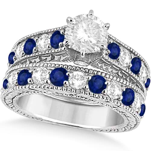 Antique Diamond & Blue Sapphire Bridal Ring Set in Platinum (3.87ct)