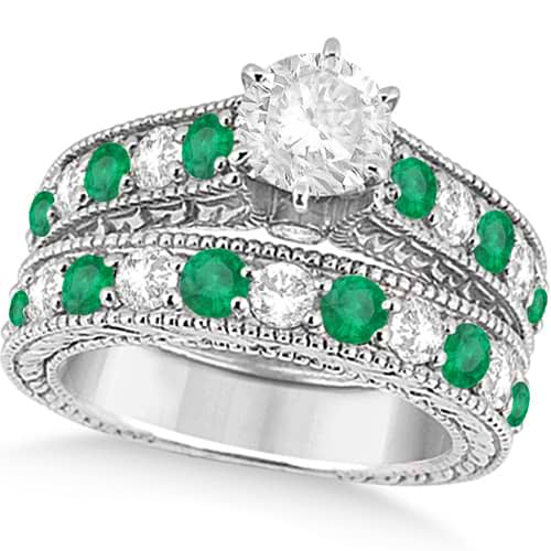 Antique Diamond and Emerald Bridal Ring Set 14k White Gold (3.51ct)