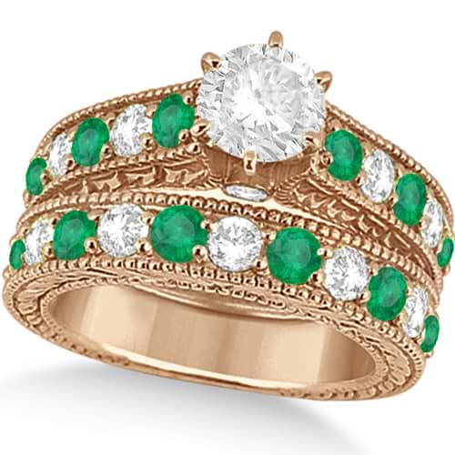 Antique Diamond and Emerald Bridal Ring Set 18k Rose Gold (3.51ct)