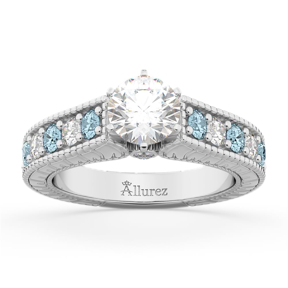 Vintage Diamond & Aquamarine Engagement Ring Setting 14k White Gold (1.35ct)