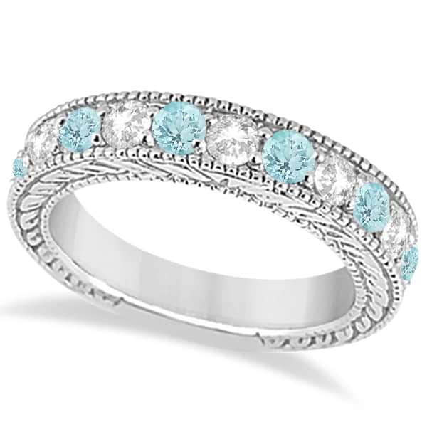 Antique Diamond & Aquamarine Engagement Wedding Ring 14k White Gold (1.40ct)