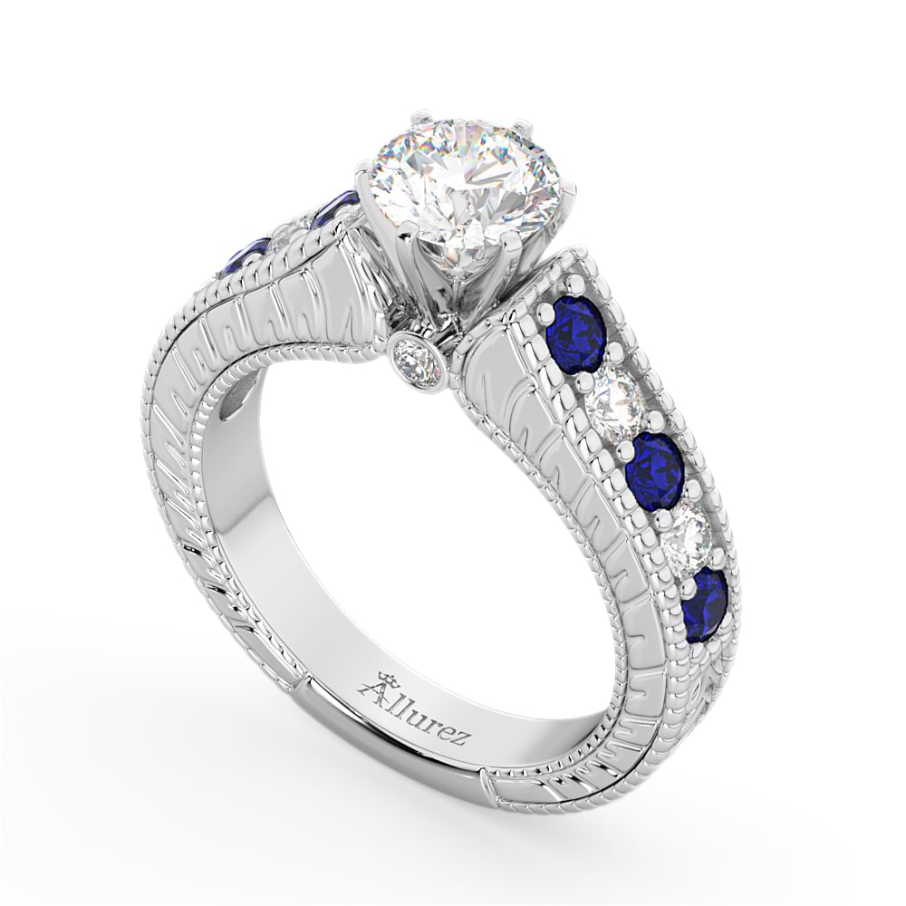 Vintage Diamond and Sapphire Engagement Ring 14k White Gold (1.41ct)