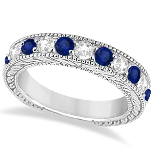Antique Diamond & Sapphire Wedding Ring Band 14k White Gold (1.46ct)