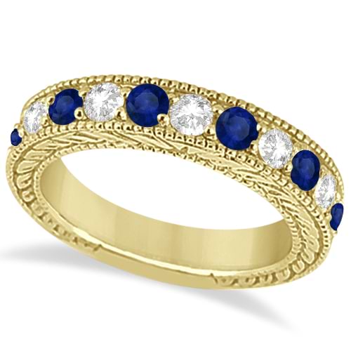 Antique Diamond & Sapphire Wedding Ring Band 14k Yellow Gold (1.46ct)