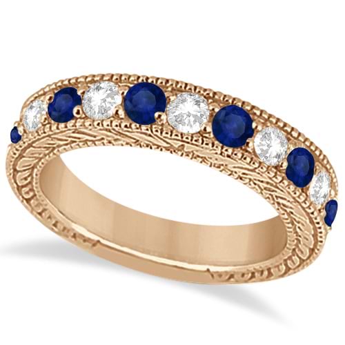 Antique Diamond & Sapphire Wedding Ring Band 18k Rose Gold (1.46ct)