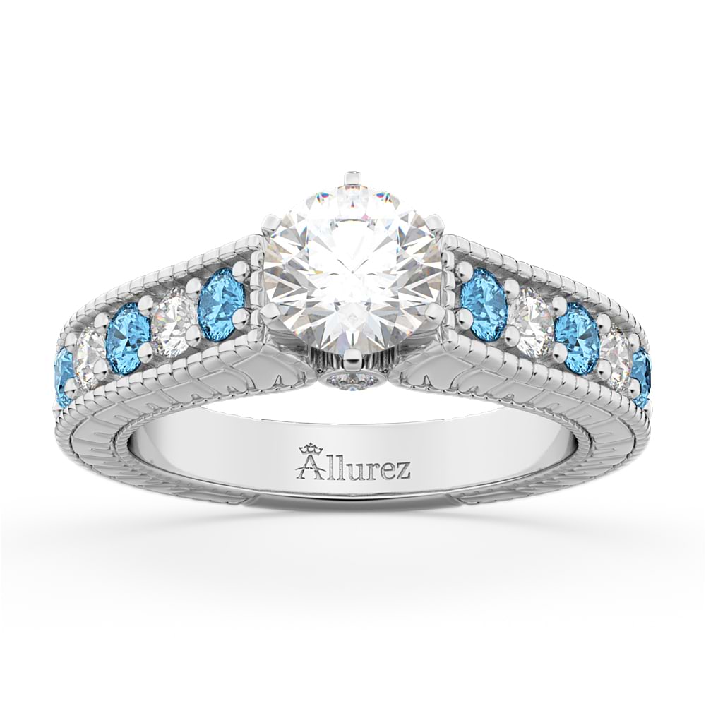 Vintage Diamond & Blue Topaz Engagement Ring Setting 18k White Gold (1.35ct)