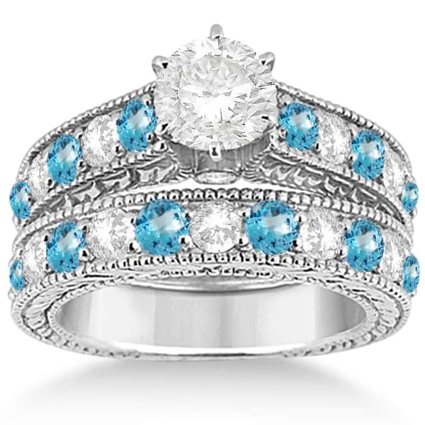 Antique Diamond & Blue Topaz Bridal Wedding Ring Set 18k White Gold (2.75ct)