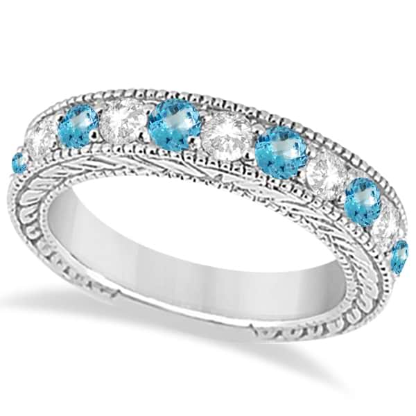 Antique Diamond & Blue Topaz Engagement Wedding Ring 18k White Gold (1.40ct)