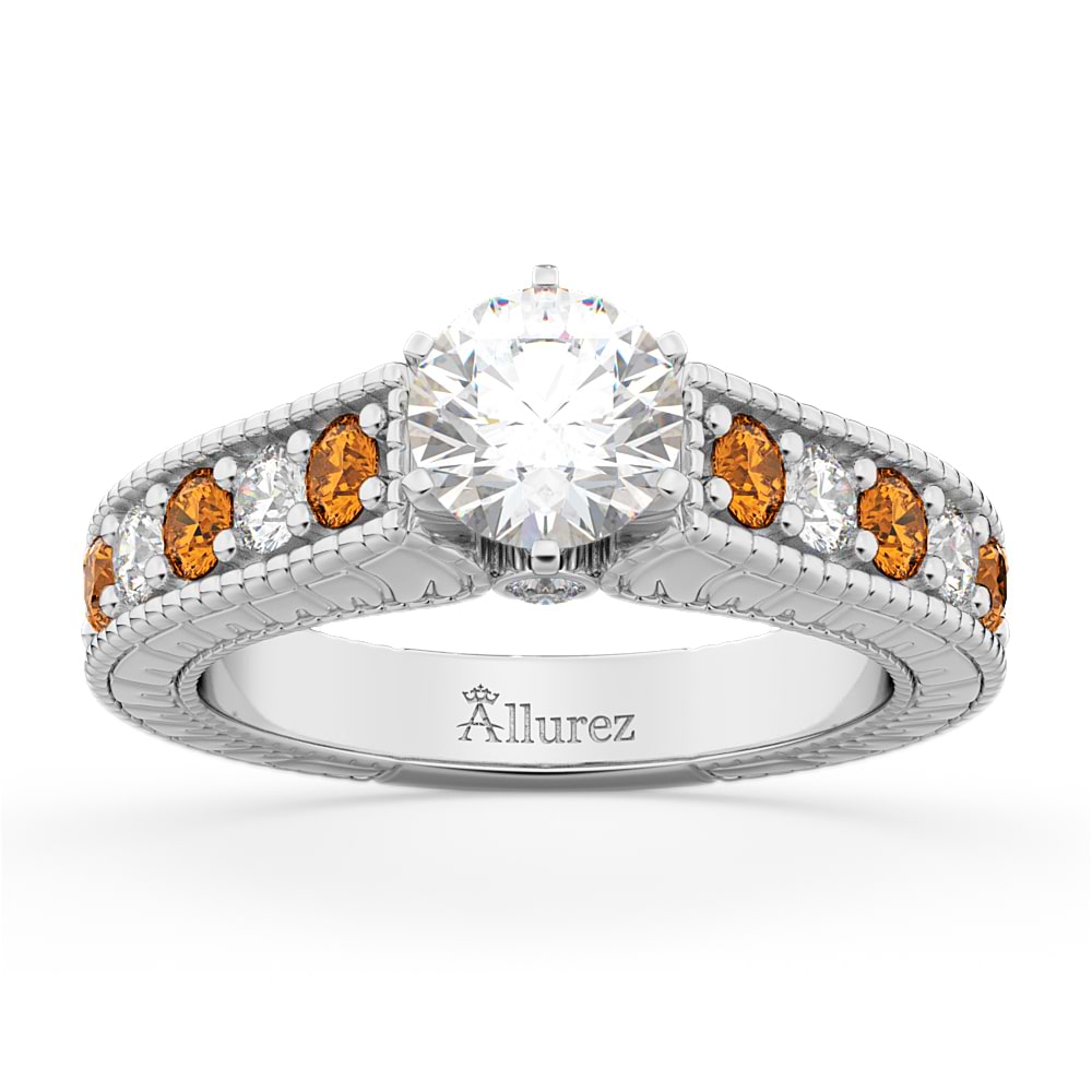 Vintage Diamond & Citrine Engagement Ring Setting 14k White Gold (1.35ct)