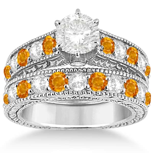 Antique Diamond & Citrine Bridal Wedding Ring Set 18k White Gold (2.75ct)