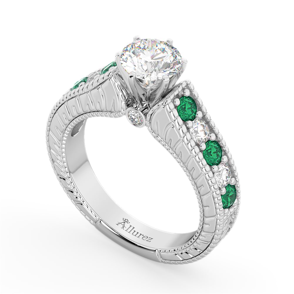 Vintage Diamond & Emerald Engagement Ring 18k White Gold (1.23ct)