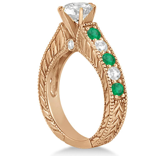 Antique Diamond & Emerald Bridal Ring Set 18k Rose Gold (2.51ct)