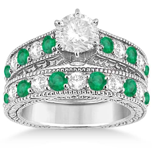 Antique Diamond & Emerald Bridal Ring Set 18k White Gold (2.51ct)