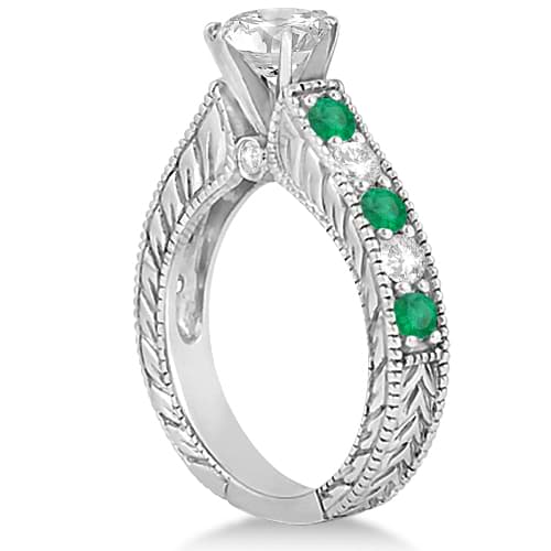 Antique Diamond & Emerald Bridal Ring Set 18k White Gold (2.51ct)