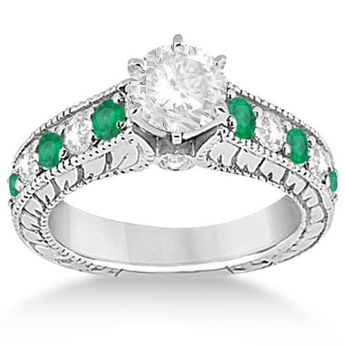 Antique Diamond & Emerald Bridal Wedding Ring Set Palladium 2.51ct - U3112