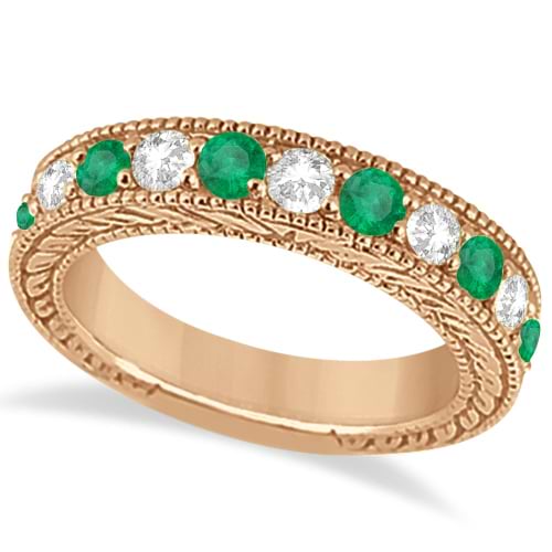 Antique Diamond & Emerald Wedding Ring Band 18k Rose Gold (1.28ct)