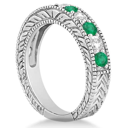 Antique Diamond & Emerald Wedding Ring Band 18k White Gold (1.28ct)